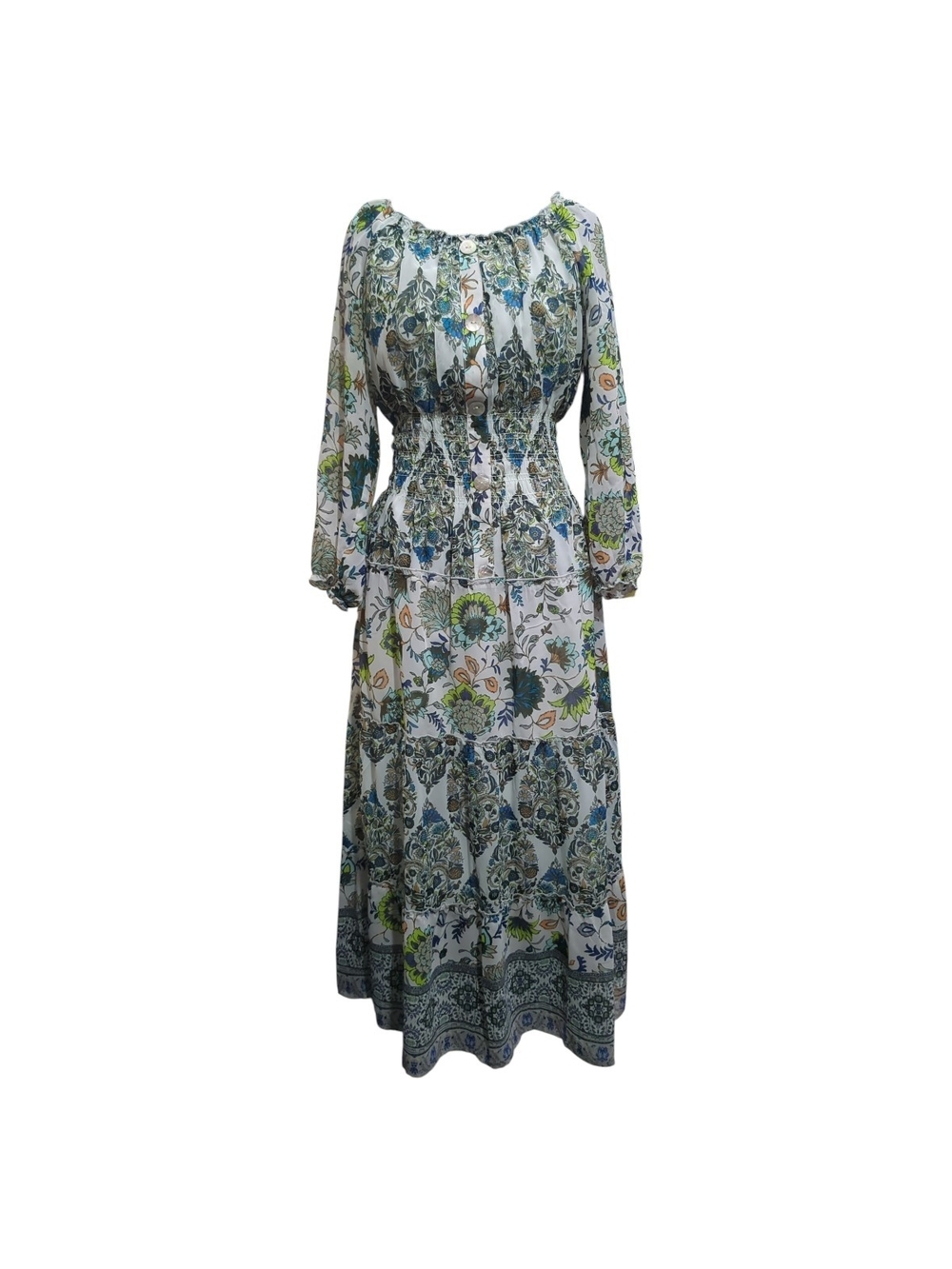 Fig and Flower Sz L Boho Floral Maxi Dress Smocked Waist Peasant Cottage Prairie